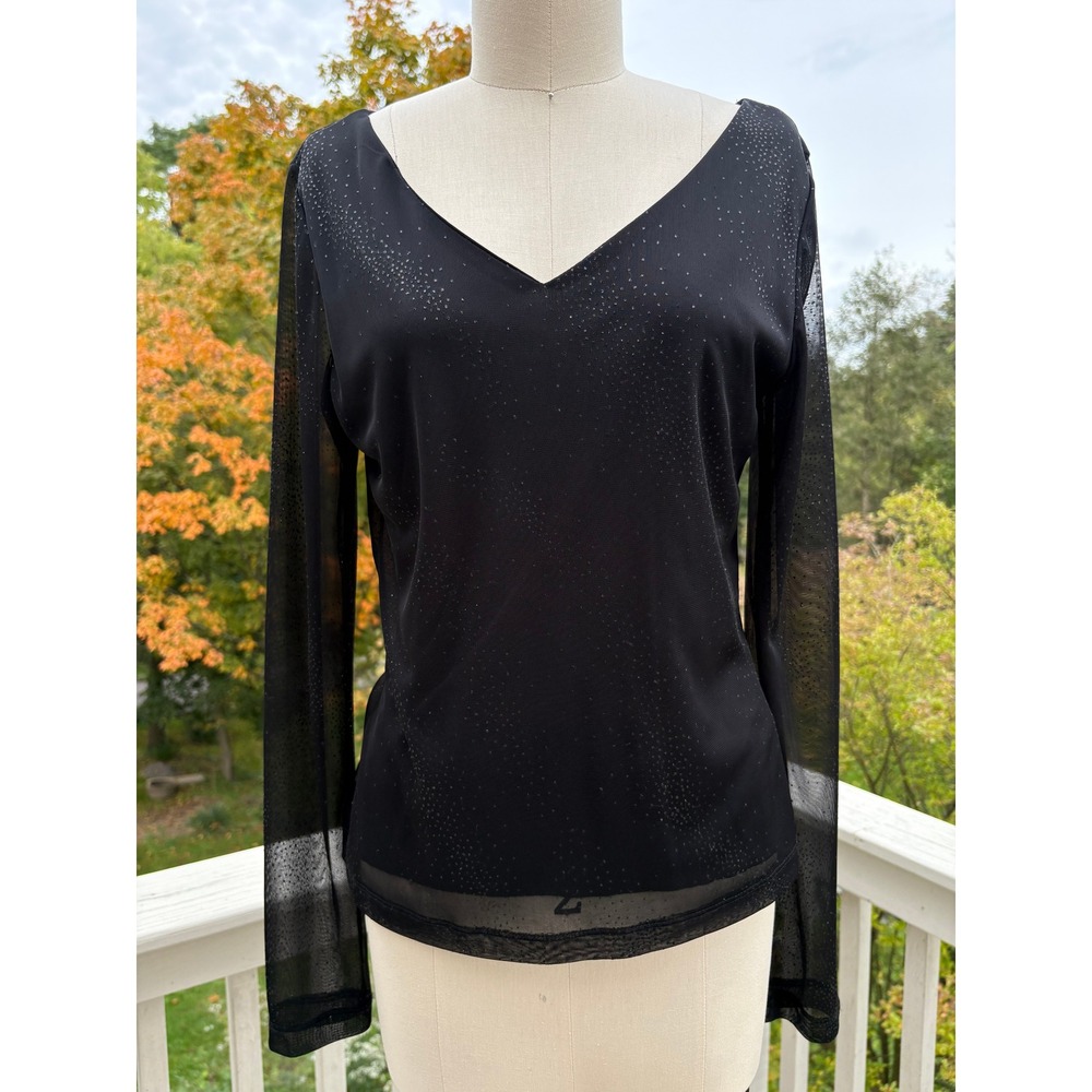 Vintage Y2K Mesh Top Large Black Sheer Glitter V-Neck Witchy Goth Whimsigoth